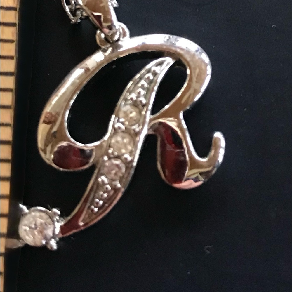 Necklace - Script Letter "R" w/Faux Diamonds & 16" Silvertone Chain